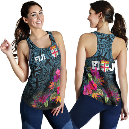 Fiji Women Tank - Fiji Seal With Tapa Patterns Tropical Flowers Design