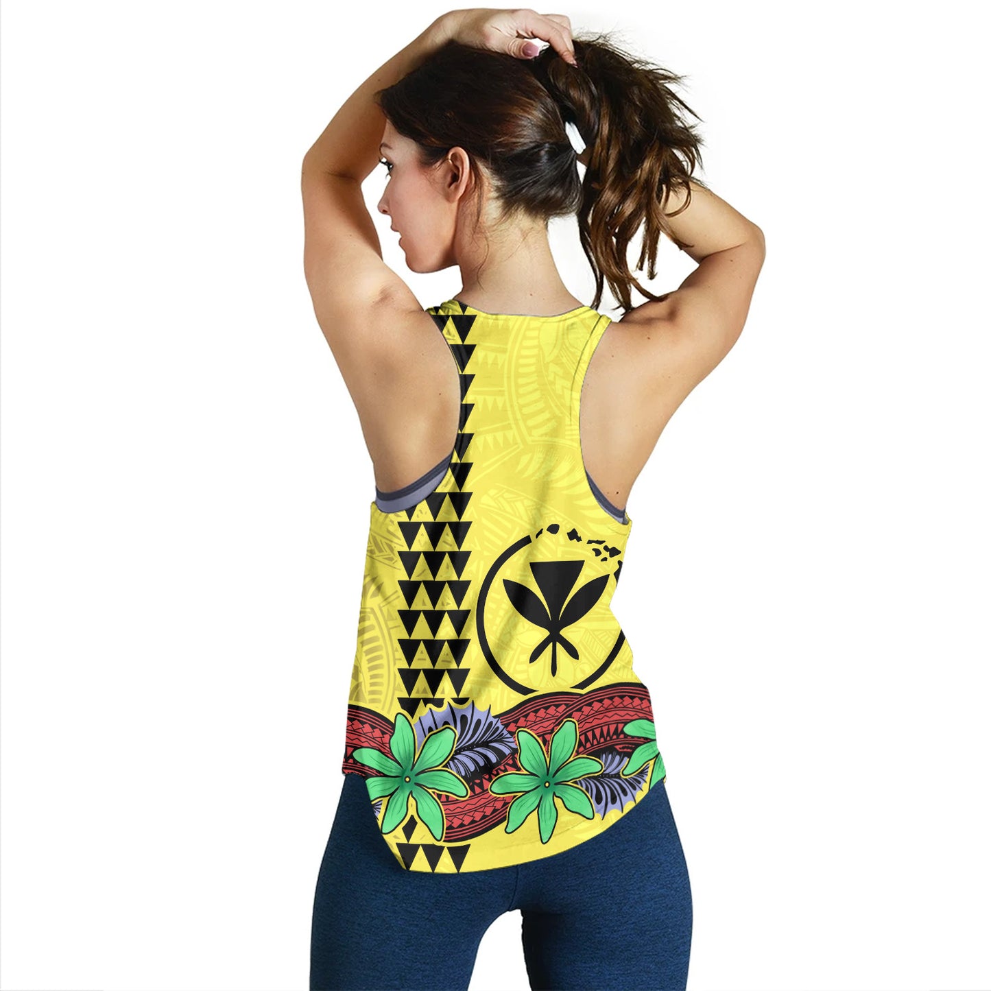 Hawaii Women Tank Kanaka Maoli Map Seal Tropical Flowers Yellow Color