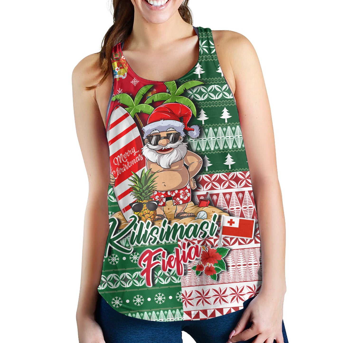 Tonga Women Tank Kilisimasi Fiefia Tropical Xmas Patterns