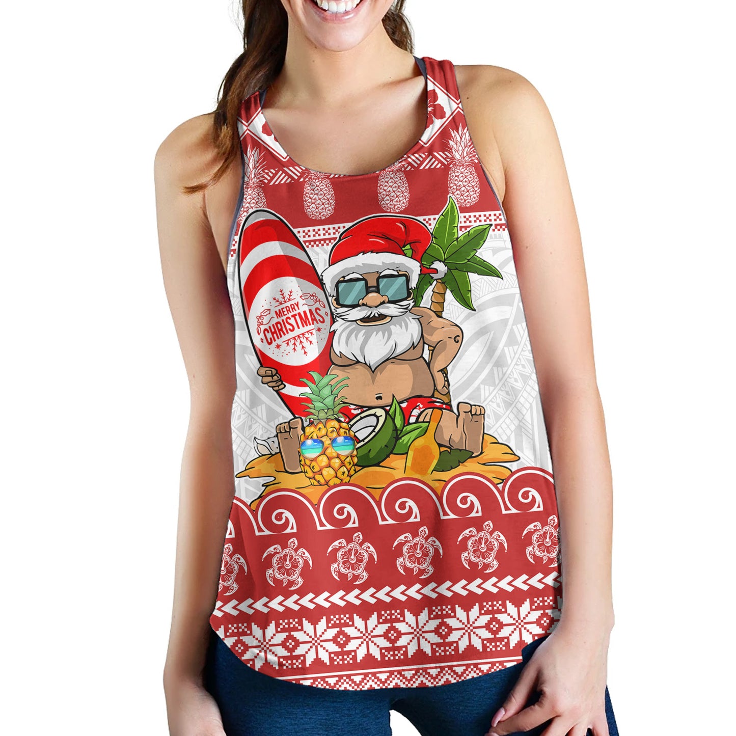Hawaii Women Tank Santa Surfing Merry Christmas Kanaka Maoli
