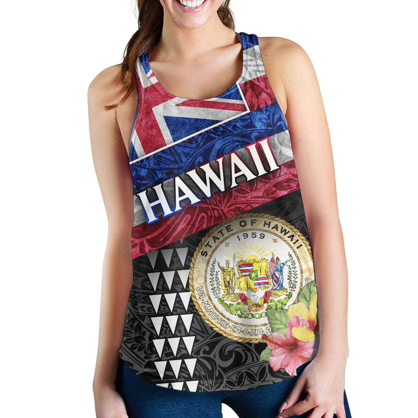 Hawaii Women Tank Hawaiian Flag Polynesian Tribal Hibiscus Style