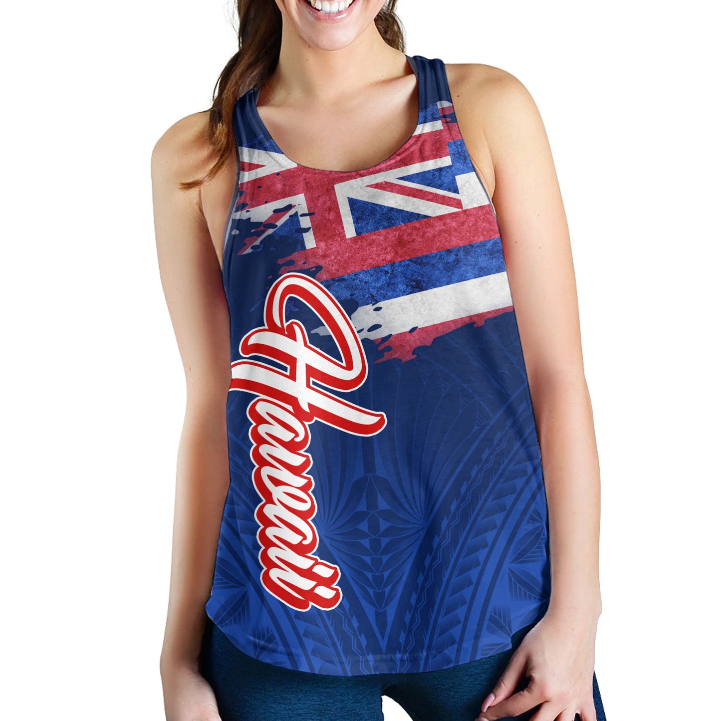 Hawaii Women Tank Hawaii Flag Blue Color Polynesian Patterns Grunge Style