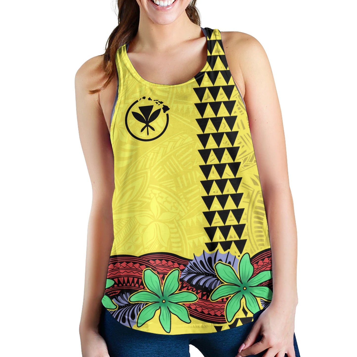 Hawaii Women Tank Kanaka Maoli Map Seal Tropical Flowers Yellow Color
