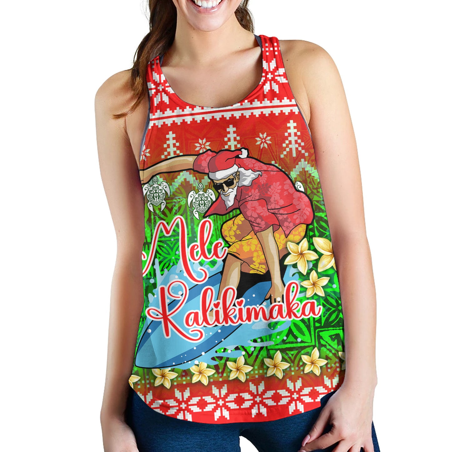 Hawaii Women Tank Santa Surfing Mele Kalikimaka Style