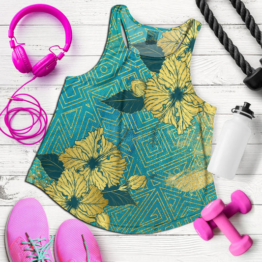 Hawaii Women Tank Golden Hibiscus Turquoise Color Tribal Pattern