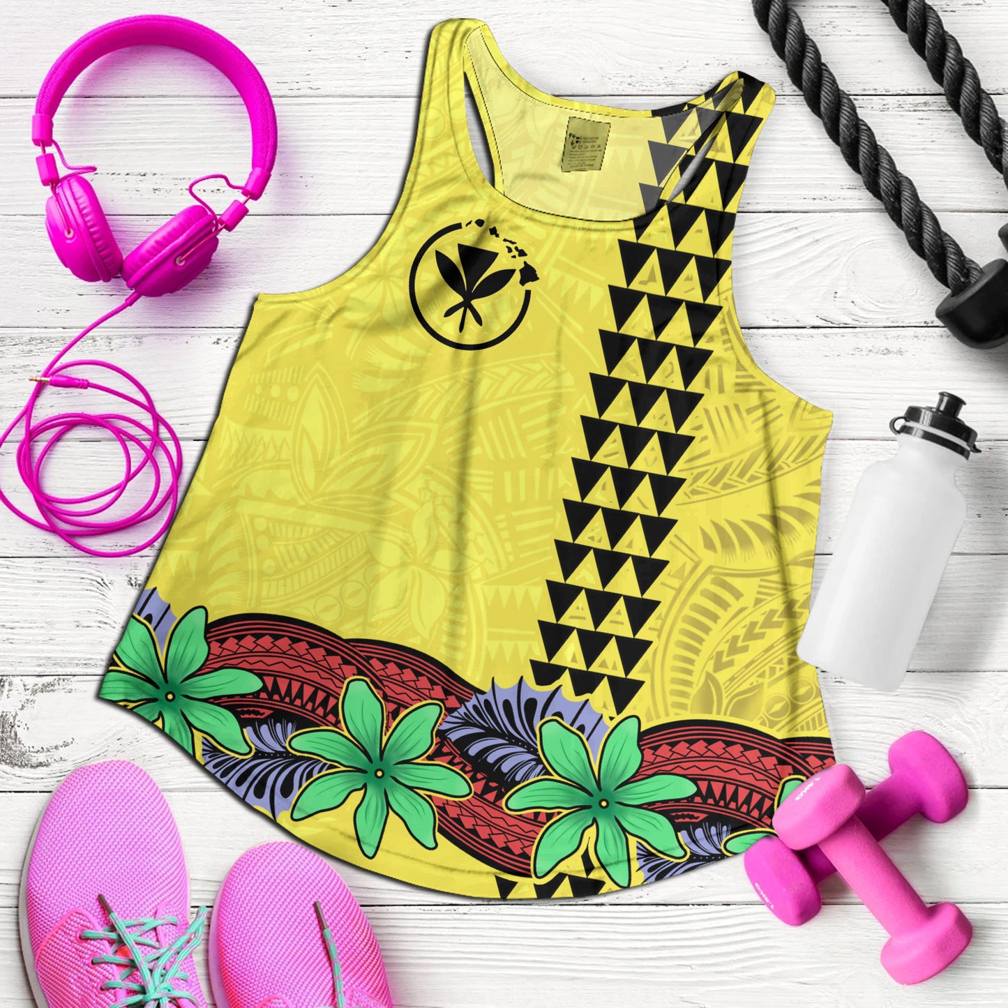 Hawaii Women Tank Kanaka Maoli Map Seal Tropical Flowers Yellow Color