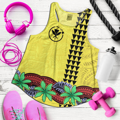 Hawaii Women Tank Kanaka Maoli Map Seal Tropical Flowers Yellow Color