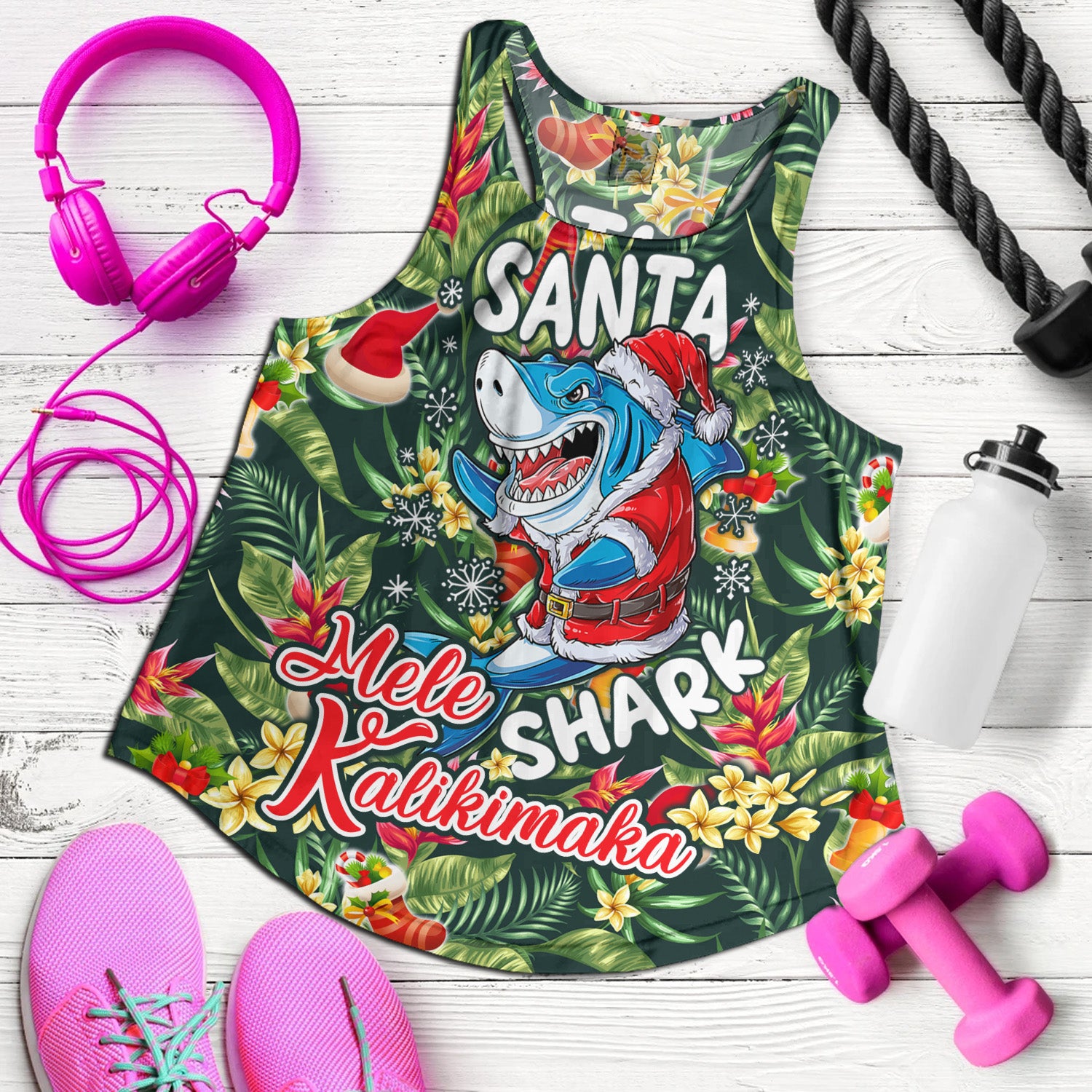 Hawaii Women Tank Mele Kalikimaka Santa Shark Tropical Style