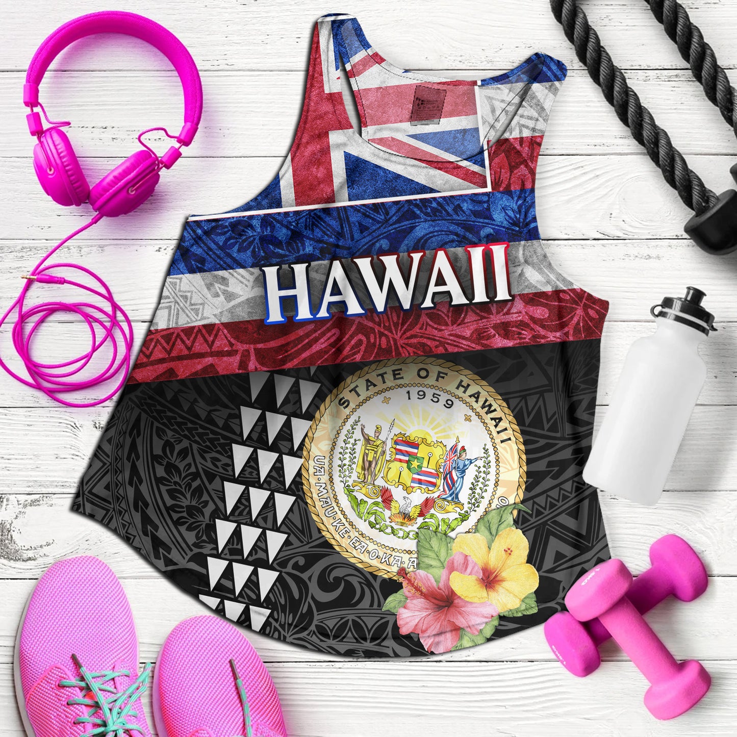 Hawaii Women Tank Hawaiian Flag Polynesian Tribal Hibiscus Style