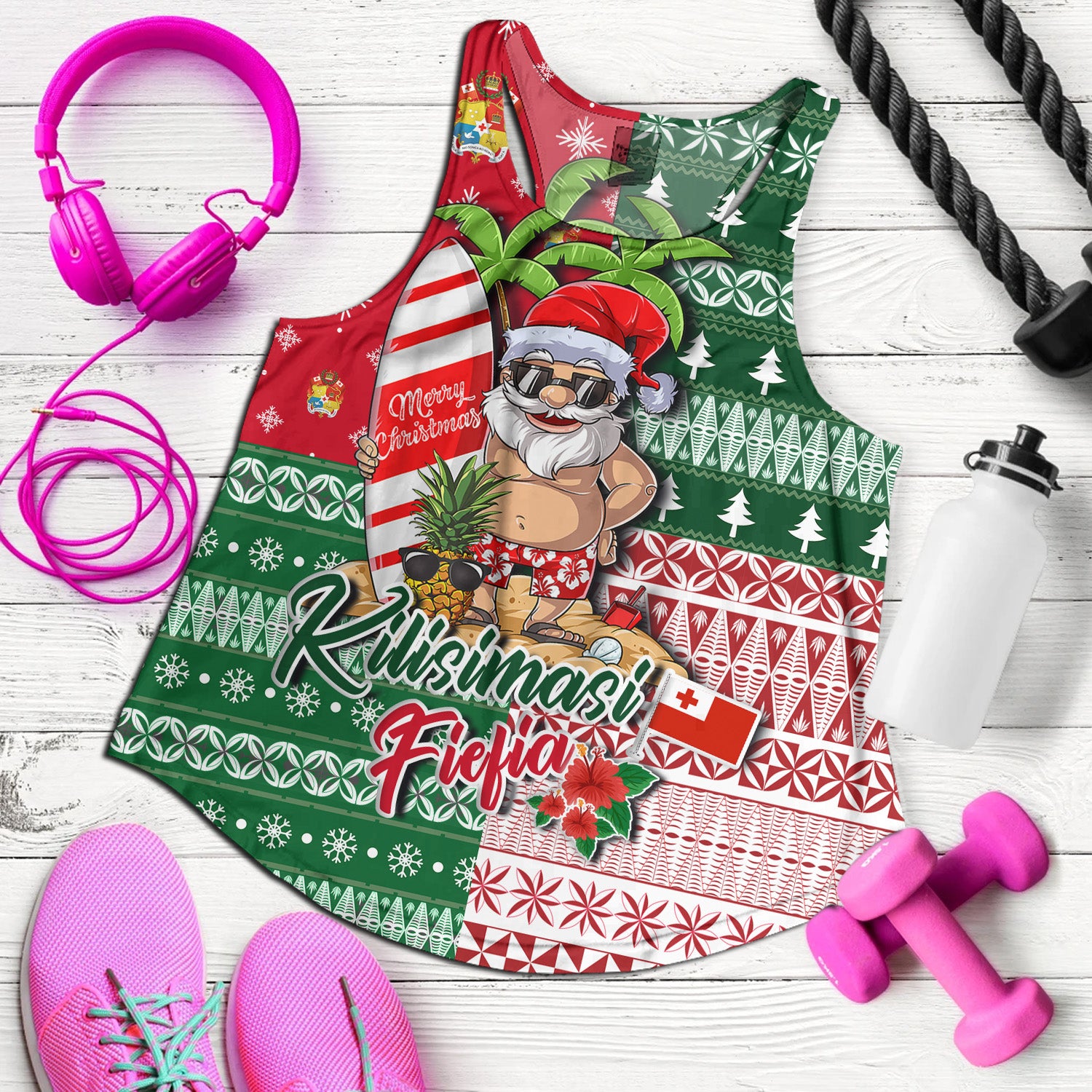 Tonga Women Tank Kilisimasi Fiefia Tropical Xmas Patterns