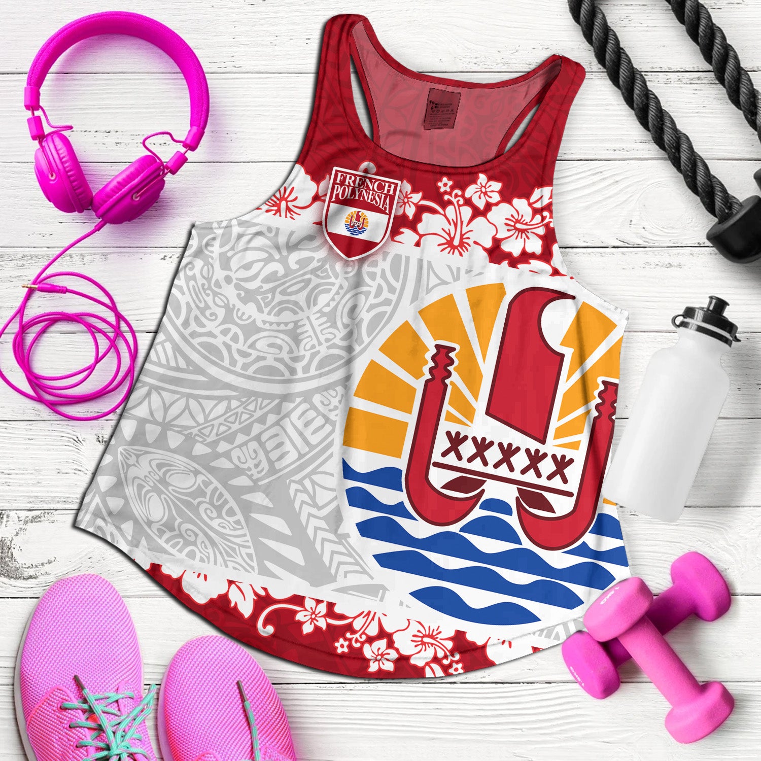 French Polynesia Women Tank Seal With Plumeria Flowers Polynesia Patterns