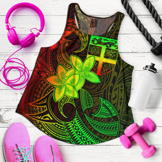 Fiji Women Tank Plumeria Flowers Vintage Style Reggae Colors