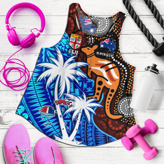Fiji And Australia Women Tank Fijian Flag Tapa Patterns With Aboriginal Kangaroo