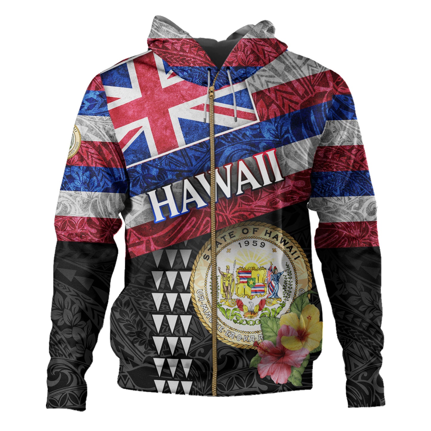 Hawaii Hoodie Hawaiian Flag Polynesian Tribal Hibiscus Style