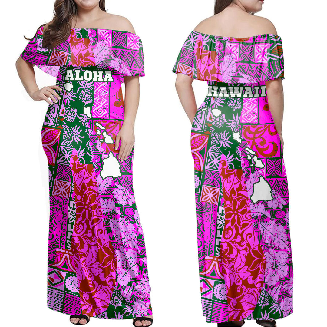 Hawaii Off Shoulder Long Dress Hawaiian style tapa fabric patchwork abstract vintage with Hawaii map