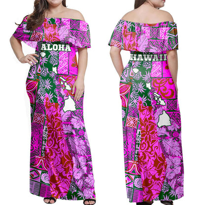 Hawaii Off Shoulder Long Dress Hawaiian style tapa fabric patchwork abstract vintage with Hawaii map