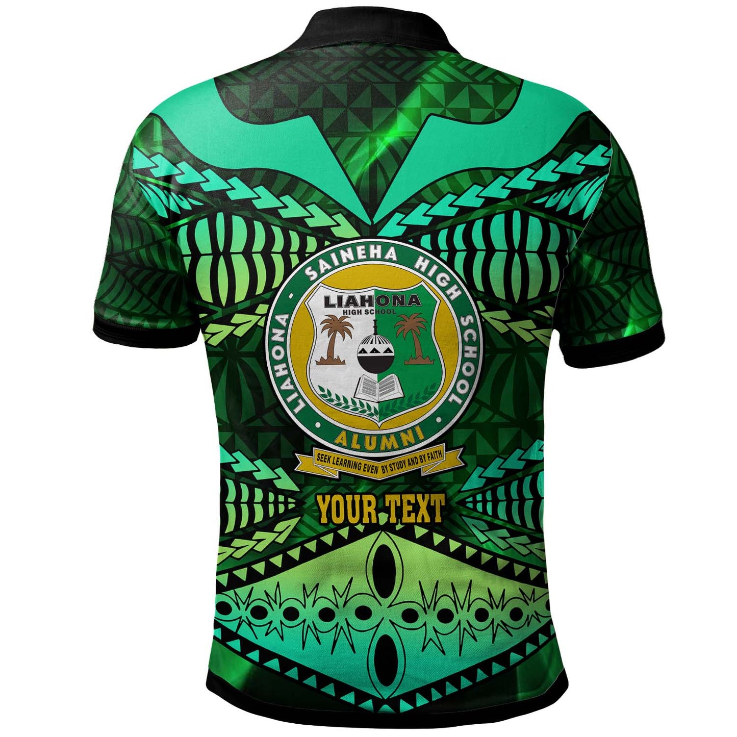 Tonga Custom Polo Shirt - Liahona High Shool with Tonga Patterns with Green Effect