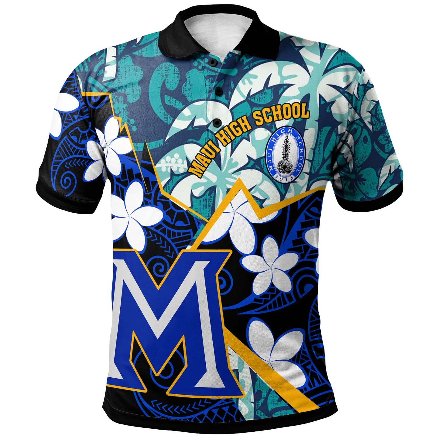 Hawaii Custom Personalised Polo Shirt - Maui High School Plumeria with Polynesian Pattern