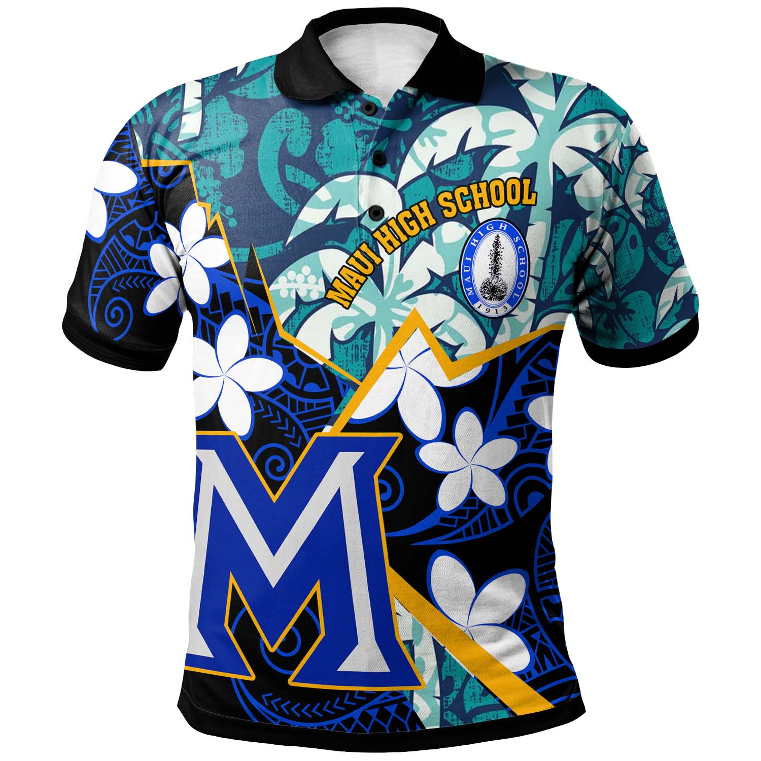 Hawaii Custom Personalised Polo Shirt - Maui High School Plumeria with Polynesian Pattern