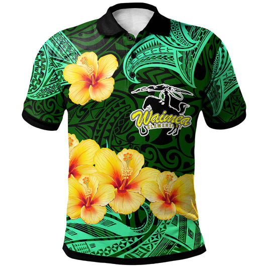 Hawaii Polynesian Polo Shirt - Waimea Elementary School with Polynesian Patterns and Hibicus Flower
