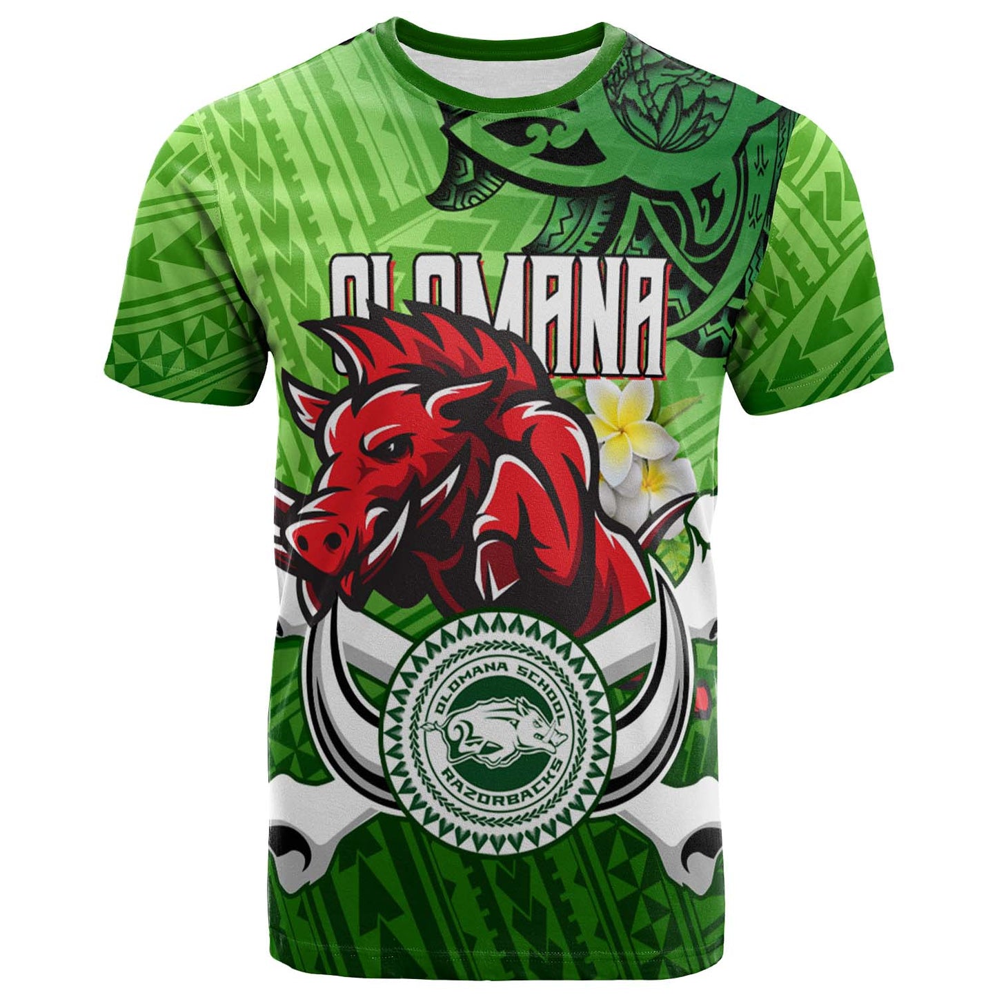 Hawaii Custom Personalised T-shirt - Olomana High & Intermediate School Polynesian Boar and Plumeria