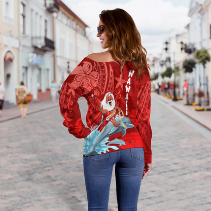 Hawaii Polynesian Christmas Off Shoulder Sweater - Polynesian Santa Christmas Ugly Hawaii