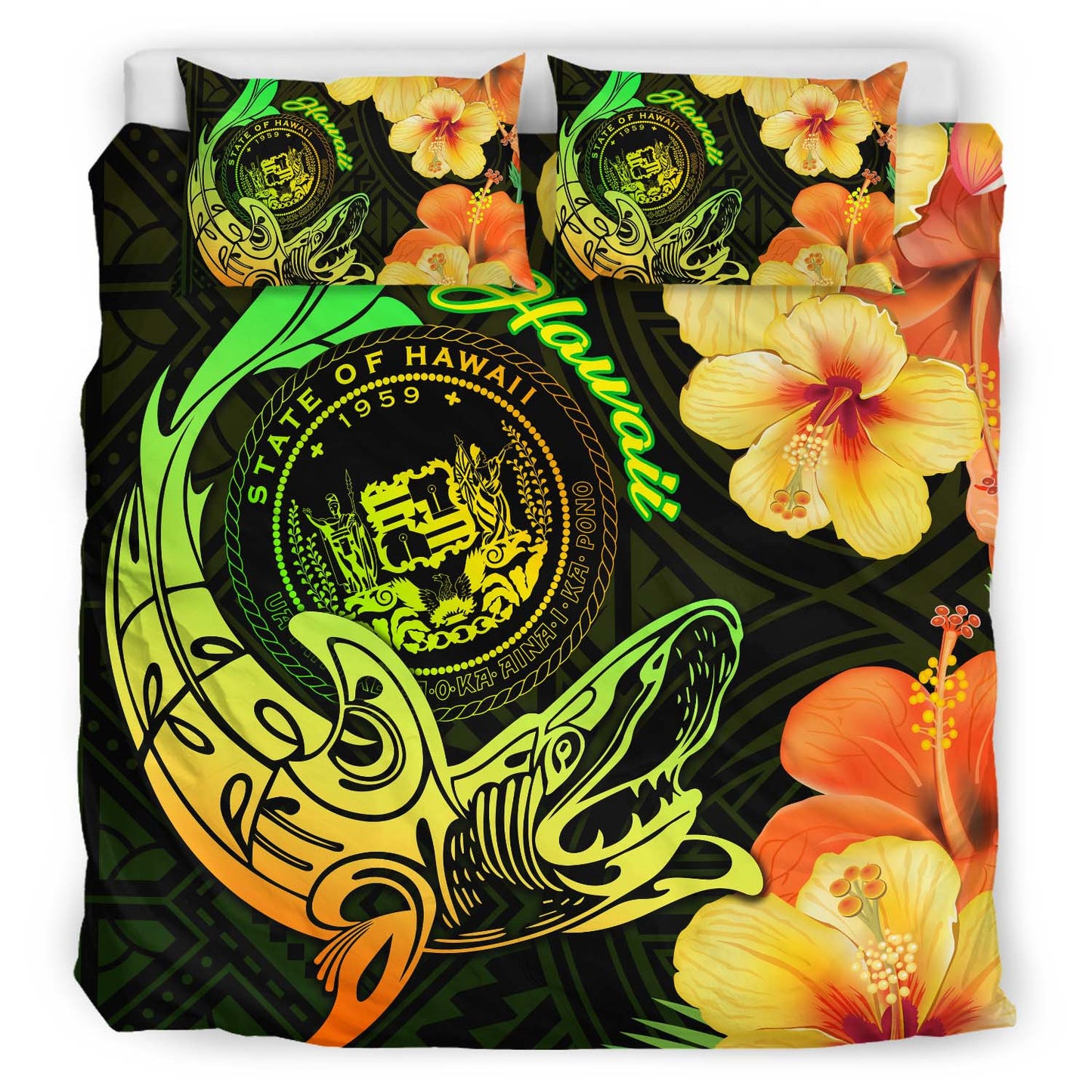 Hawaii Polynesian Bedding Set - Hawaii Sharks Tribal Patterns Green