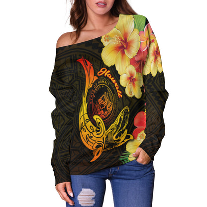 Hawaii Polynesian Women Off Shoulder Sweater - Hawaii Sharks Tribal Patterns Orange