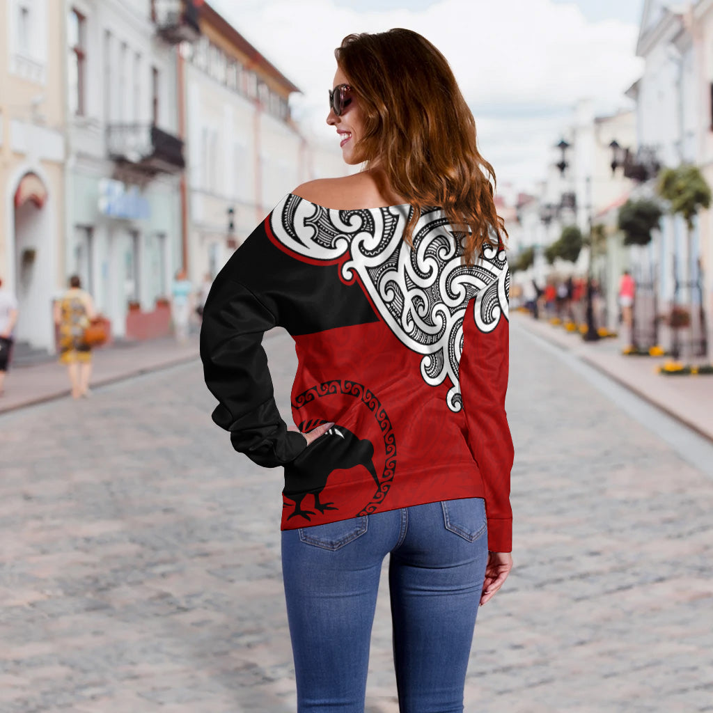 New Zealand Off Shoulder Sweatshirt - Happy Waitangi Day Kiwi Bird and Maori Traditional