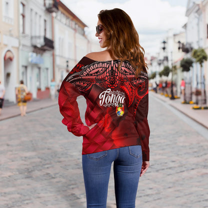 Tonga Polynesian Off Shoulder Sweatshirt - Tonga Coat Of Arms with Lauhala Tribal Pattern