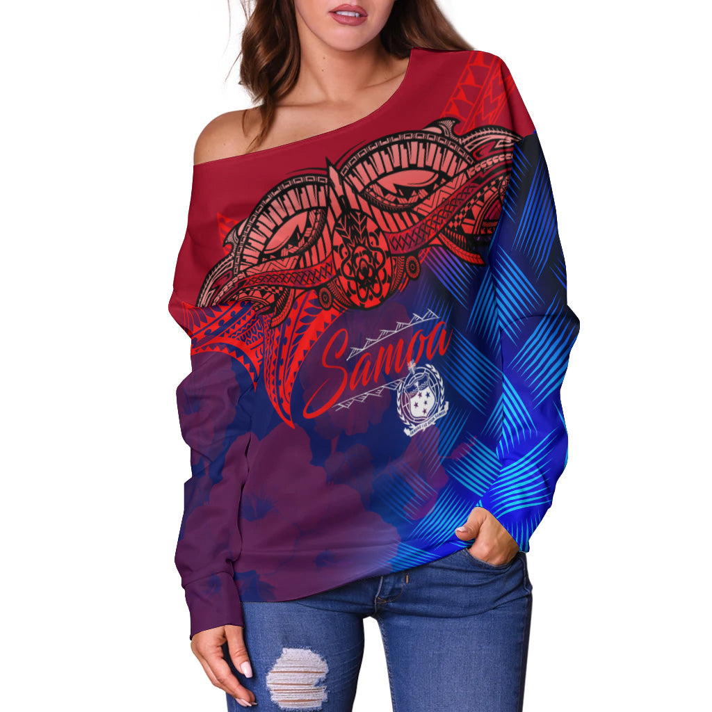 Samoa Polynesian Off Shoulder Sweatshirt - Samoa Coat Of Arms with Lauhala Tribal Pattern