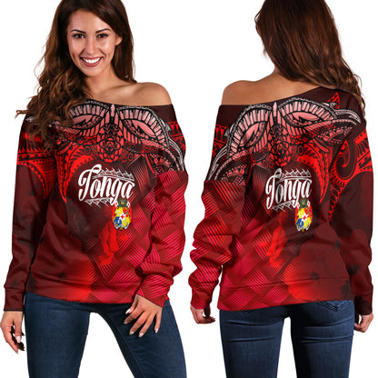 Tonga Polynesian Off Shoulder Sweatshirt - Tonga Coat Of Arms with Lauhala Tribal Pattern