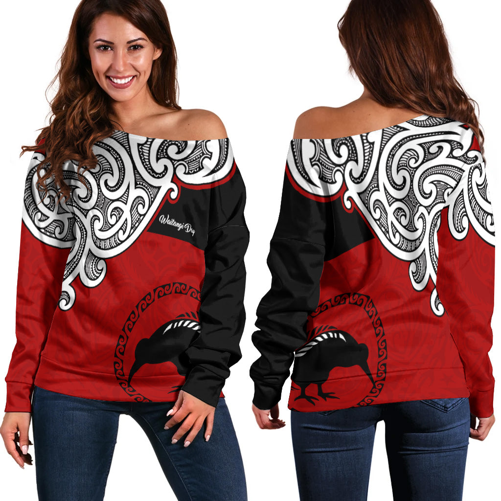 New Zealand Off Shoulder Sweatshirt - Happy Waitangi Day Kiwi Bird and Maori Traditional