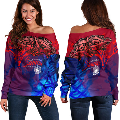 Samoa Polynesian Off Shoulder Sweatshirt - Samoa Coat Of Arms with Lauhala Tribal Pattern