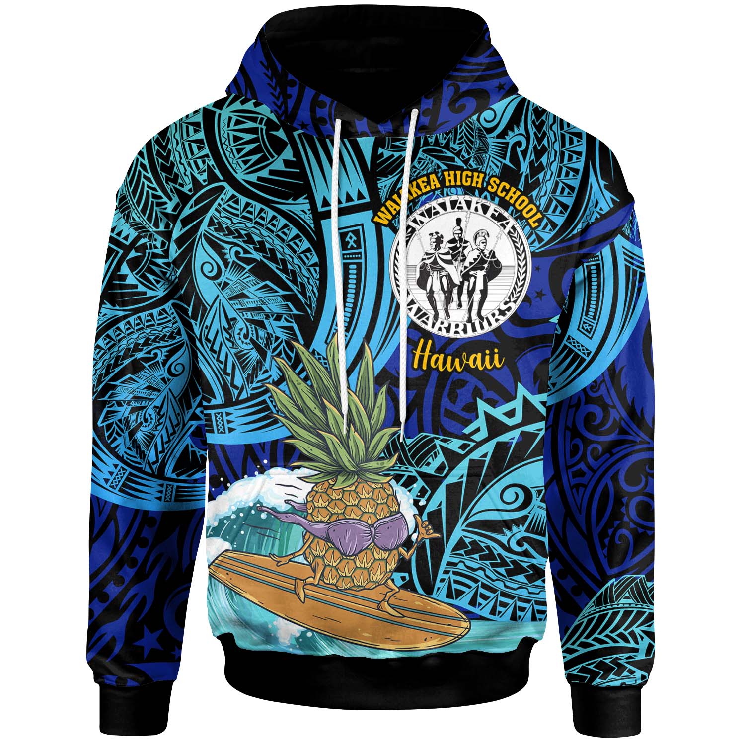 Hawaii Custom Hoodie - Waiakea High School with Polynesian Culture and Tiki Surfer