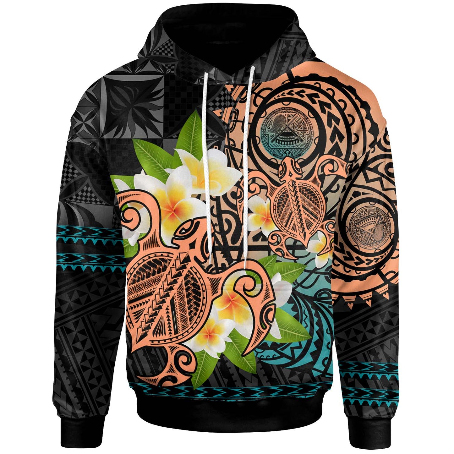 American Samoa Hoodie - Polynesian Culture with Pumeria Flower and Turtle Siapo Patterns