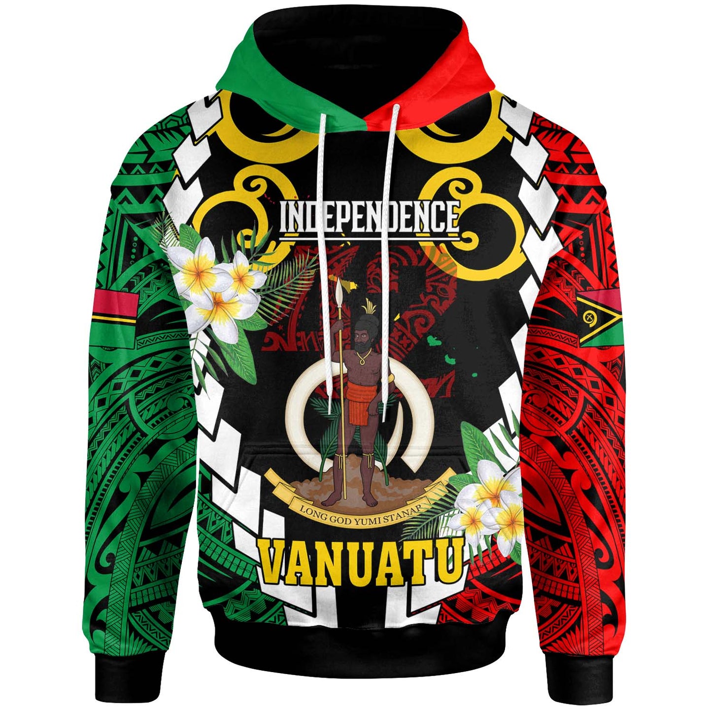 Vanuatu Hoodie - Custom Vanuatu Independence Anniversary Plumeria Flower and Polynesian Patterns Hoodie