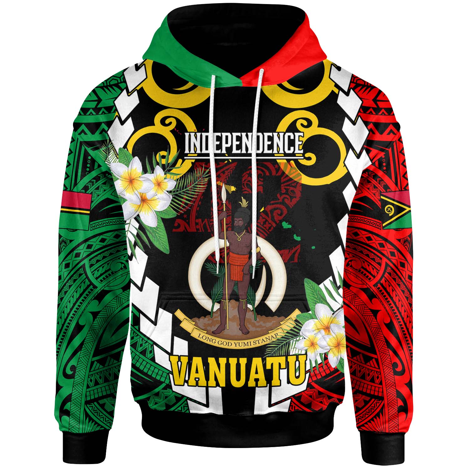 Vanuatu Hoodie - Custom Vanuatu Independence Anniversary Plumeria Flower and Polynesian Patterns Hoodie