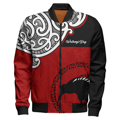 New Zealand Bomber Jacket - Happy Waitangi Day Kiwi Bird and Maori Traditional