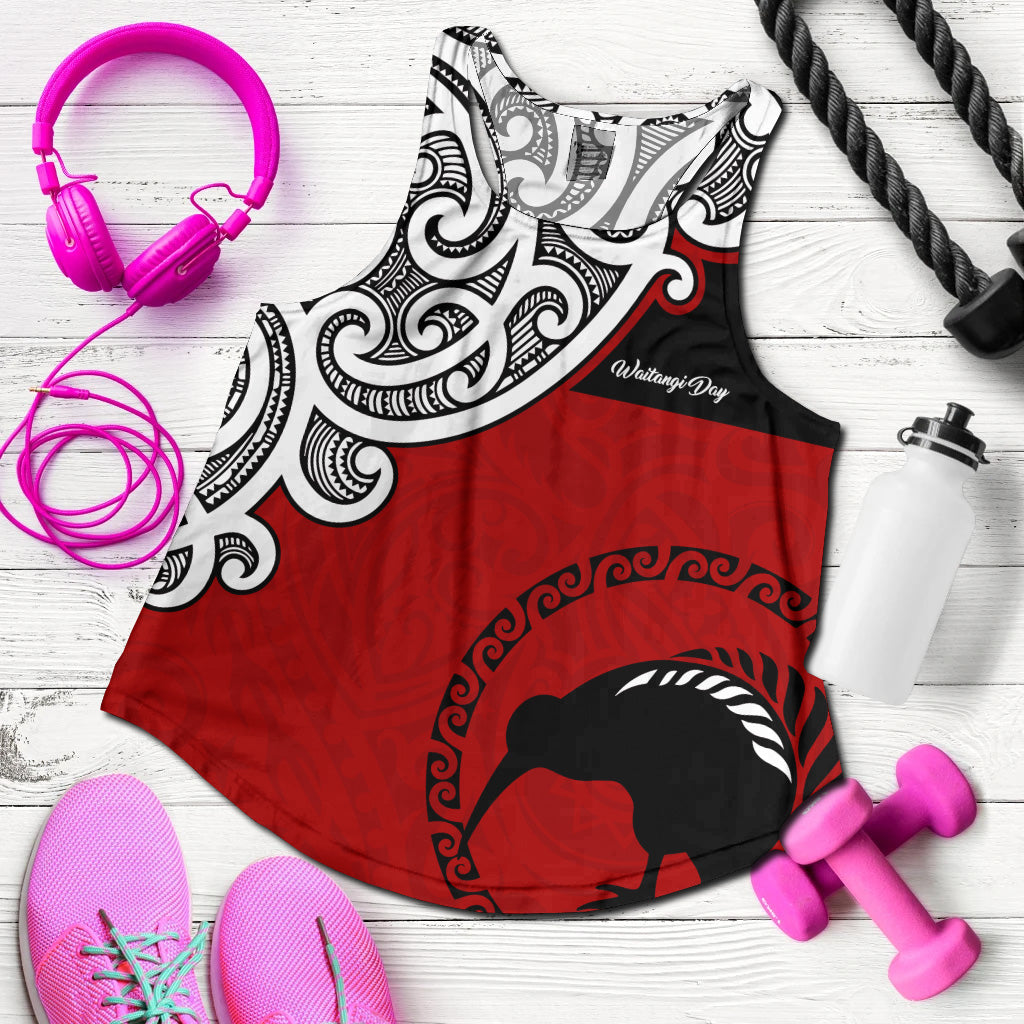 New Zealand Women Racerback Tank - Happy Waitangi Day Kiwi Bird and Maori Traditional