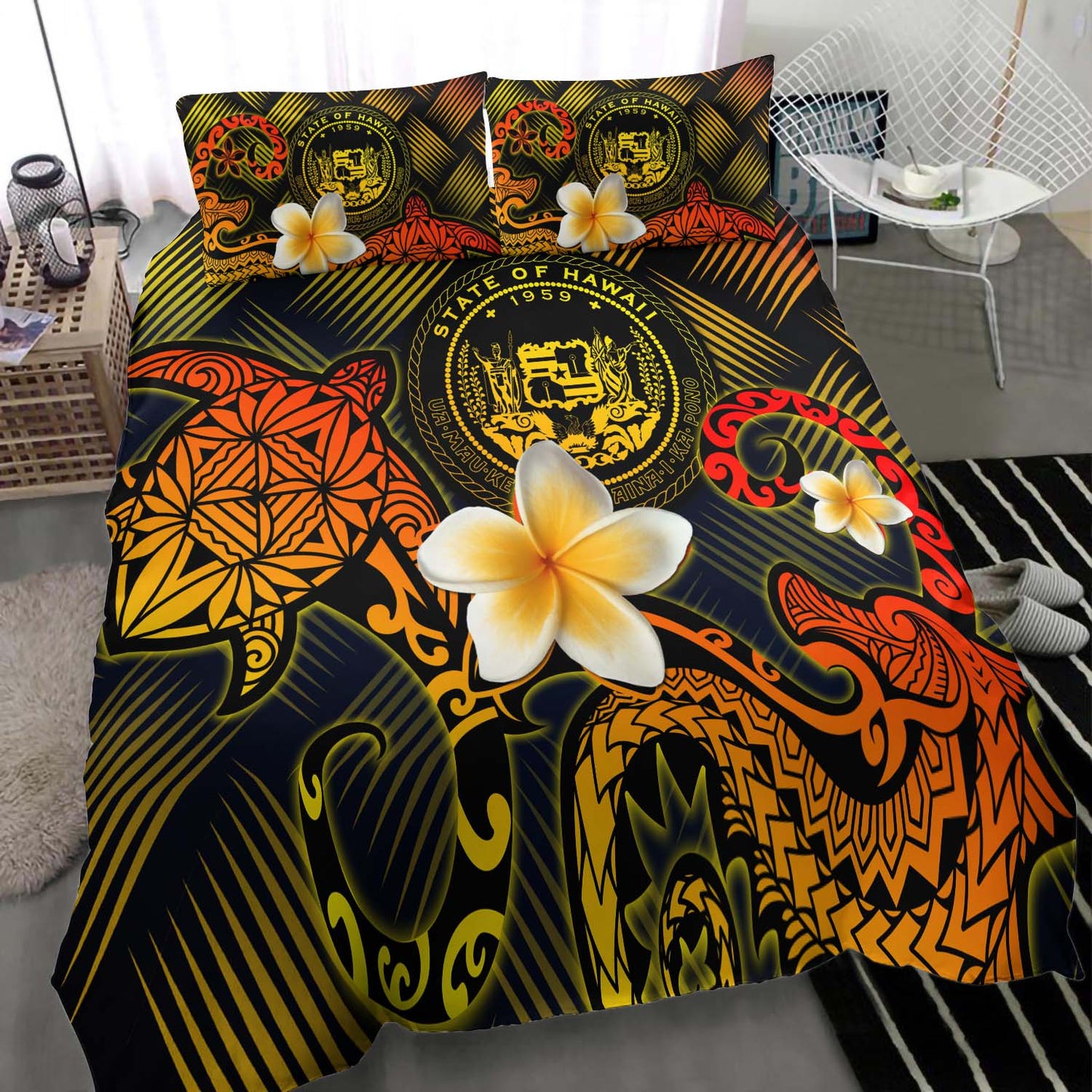Hawaii Polynesian Bedding Set - Lauhala Turtle Plumeria Tropical