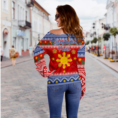 Philippines Filipinos Off Shoulder Sweatshirt Maligayang Pasko Christmas Parol Style