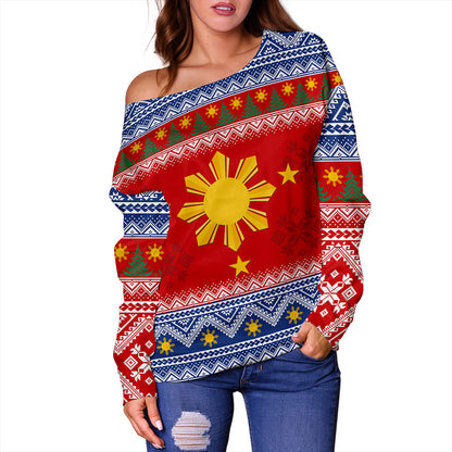 Philippines Filipinos Off Shoulder Sweatshirt Maligayang Pasko Christmas Parol Style
