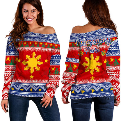 Philippines Filipinos Off Shoulder Sweatshirt Maligayang Pasko Christmas Parol Style