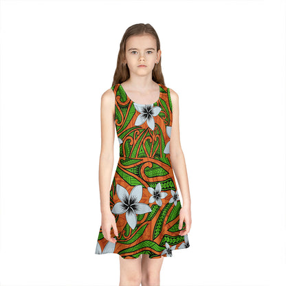Hawaii Girls Sleeveless Sundress Maori Pattern Plumeria