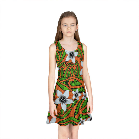 Hawaii Girls Sleeveless Sundress Maori Pattern Plumeria