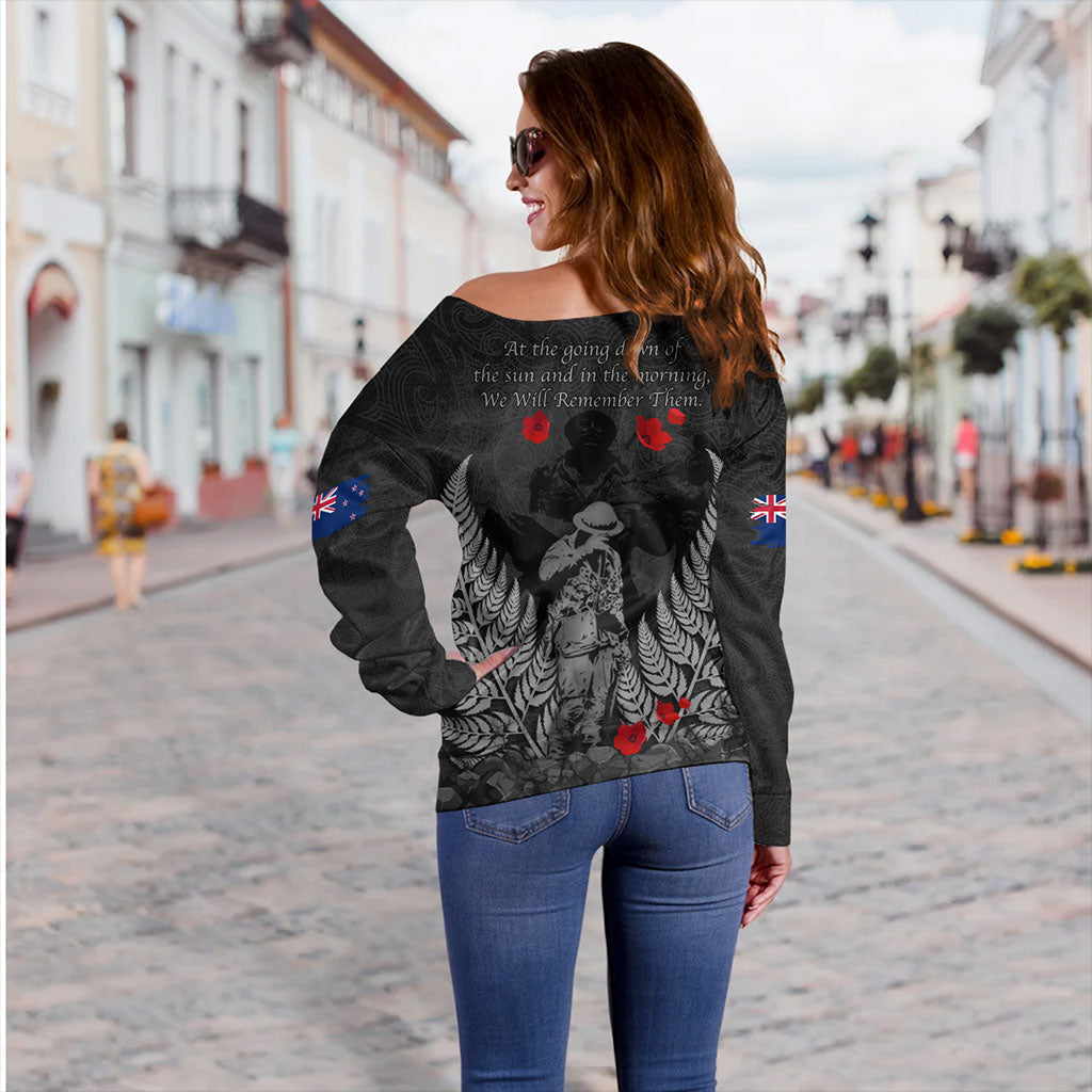 New Zealand Off Shoulder Sweatshirt Maori Tribal Silver Fern Lest We Forget Solider