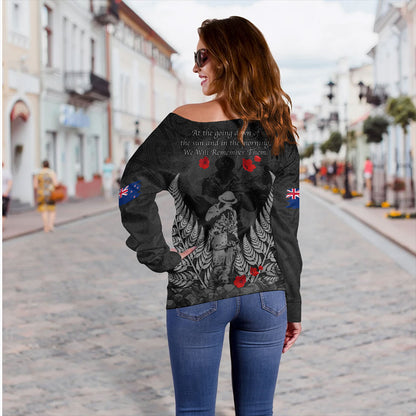 New Zealand Off Shoulder Sweatshirt Maori Tribal Silver Fern Lest We Forget Solider