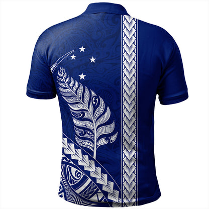 New Zealand Polo Shirt Maori Tribal Silver Fern With Star Tattoo Style Blue