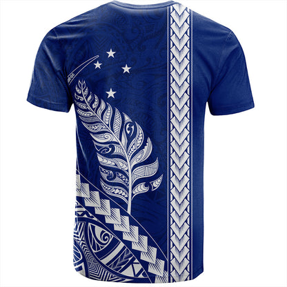 New Zealand T-Shirt Maori Tribal Silver Fern With Star Tattoo Style Blue
